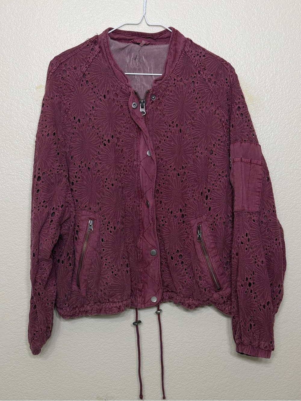 Free People Daisy Jane Bomber Jacket Eyelet Raspberry Purple Slouchy Oversized S - Picture 2 of 16